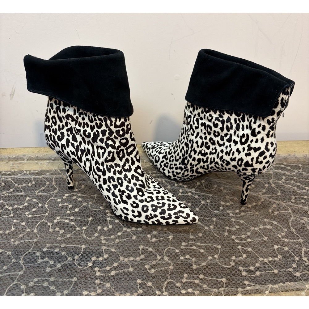 Marc Fisher Fifi Ankle Boot Women 8 Black White Animal Print Stiletto Pointed